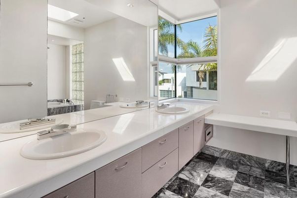 Bathroom, Dual Sink Vanities, Interior, Marble, Recessed Lighting