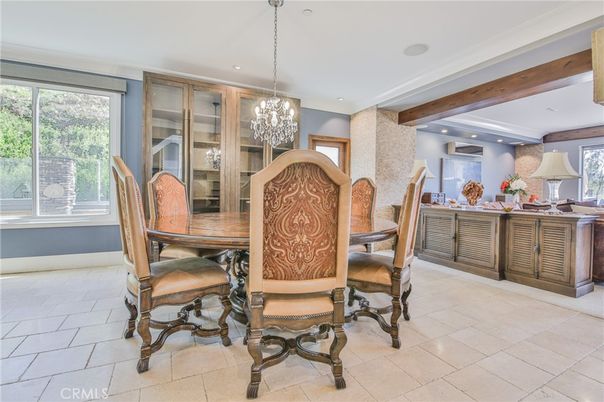 Chandelier, Dining room, Interior, Recessed Lighting, Wooden Beams