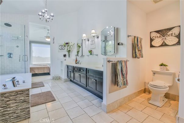 Bathroom, Bedroom, Dual Sink Vanities, Glass Shower, Interior, Pendant Lights