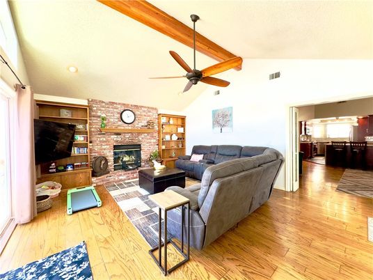 Fireplace, Interior, Living room, Recessed Lighting, Stone Walls, Wooden Beams, Wood Texture Flooring