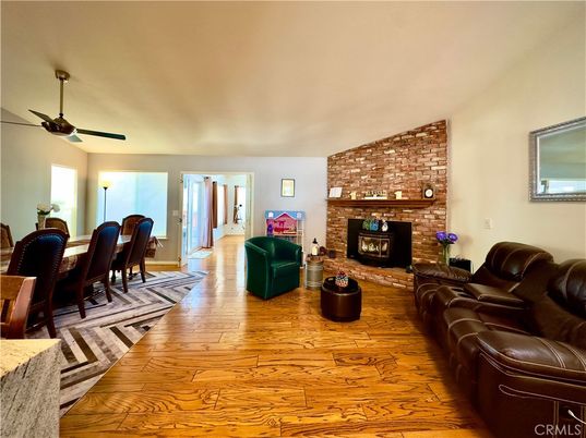 Dining room, Fireplace, Interior, Living room, Stone Walls, Wood Texture Flooring