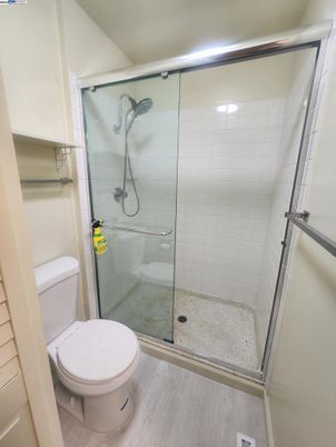 Bathroom, Glass Shower, Interior, Wood Texture Flooring