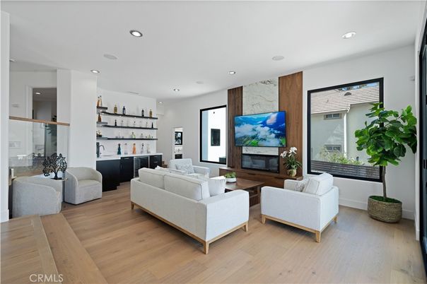 Interior, Living room, Marble Walls, Recessed Lighting, Wood Texture Flooring