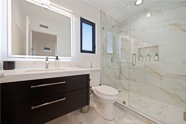 Bathroom, Glass Shower, Interior, Marble, Marble Walls, Recessed Lighting