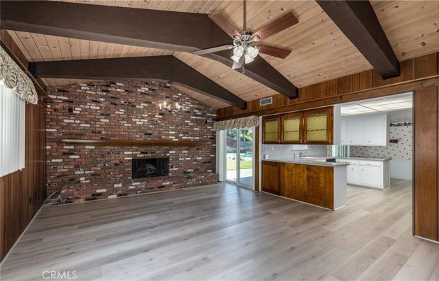 Empty room, Fireplace, Interior, Kitchen, Stone Walls, Wooden Beams, Wooden Ceilings, Wood Texture Flooring