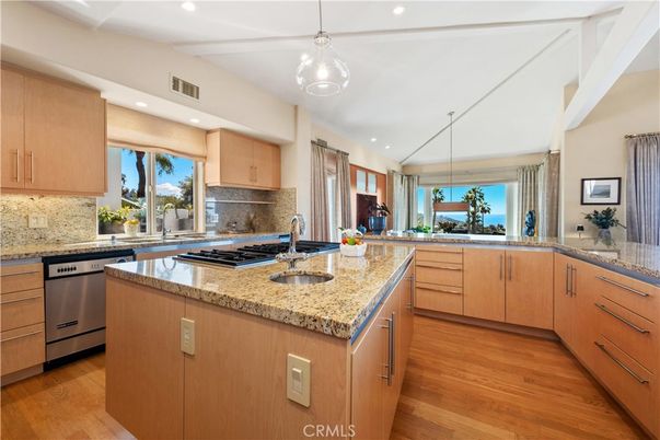 Interior, Kitchen, Pendant Lights, Recessed Lighting, Stainless Steel Appliances, Water, Wood Texture Flooring