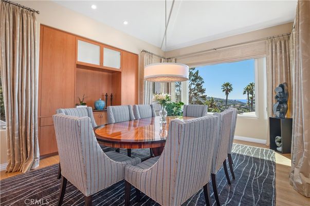 Dining room, Interior, Pendant Lights, Recessed Lighting, Wood Texture Flooring