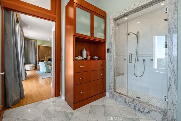 Bathroom, Glass Shower, Interior, Recessed Lighting, Wood Texture Flooring