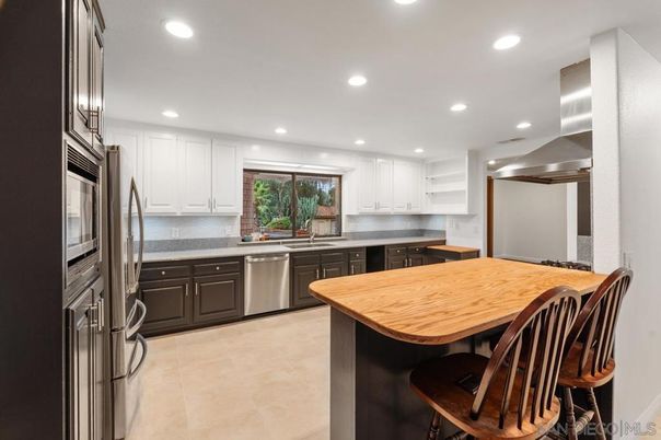 Chandelier, Interior, Kitchen, Recessed Lighting, Stainless Steel Appliances, Wood Texture Flooring