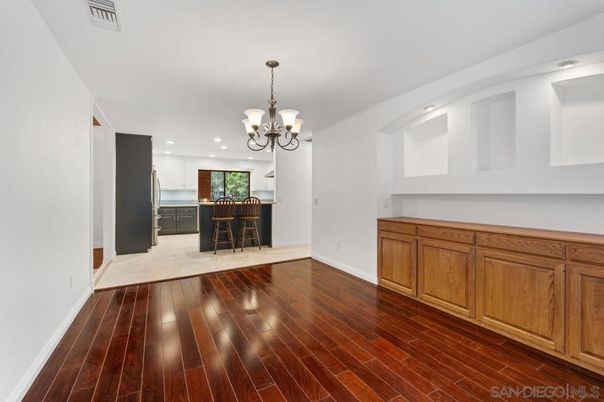 Chandelier, Empty room, Interior, Kitchen, Recessed Lighting, Wood Texture Flooring