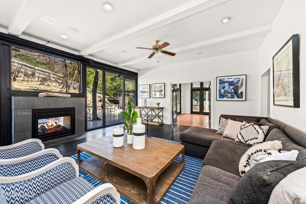 Fireplace, Interior, Living room, Recessed Lighting, Wood Texture Flooring