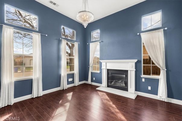 Chandelier, Empty room, Fireplace, Interior, Wood Texture Flooring