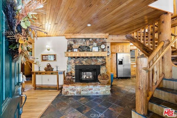 Fireplace, Interior, Kitchen, Recessed Lighting, Stone Walls, Wooden Ceilings, Wood Texture Flooring