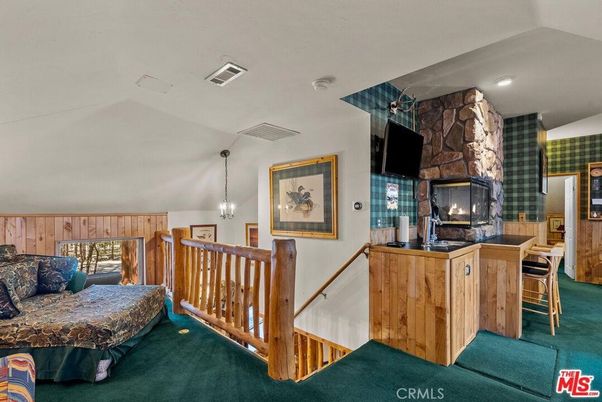 Fireplace, Interior, Pendant Lights, Recessed Lighting, Stone Walls