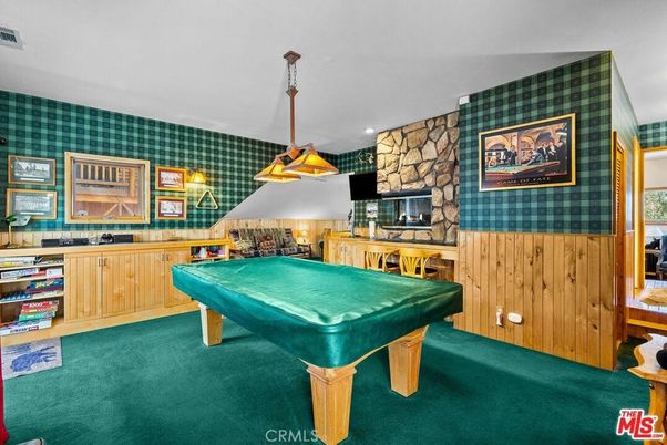Billiard Table, Game Room, Interior, Recessed Lighting, Stone Walls