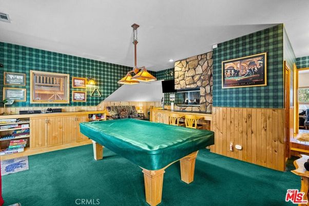 Billiard Table, Game Room, Interior, Recessed Lighting, Stone Walls