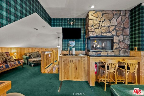 Fireplace, Interior, Recessed Lighting, Stone Walls, Wooden Walls