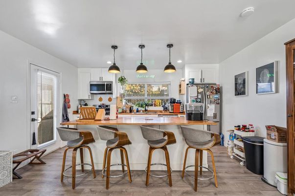 Interior, Kitchen, Pendant Lights, Recessed Lighting, Wood Texture Flooring