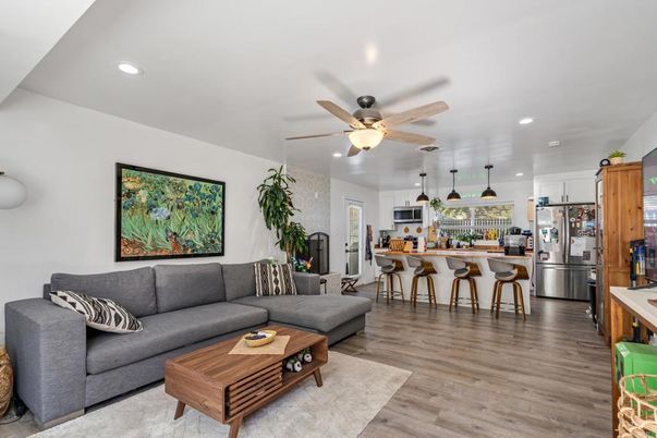 Interior, Kitchen, Living room, Pendant Lights, Recessed Lighting, Stainless Steel Appliances, Wood Texture Flooring