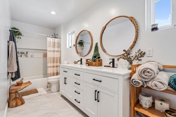 Bathroom, Dual Sink Vanities, Interior, Marble, Recessed Lighting