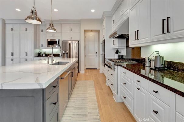 Interior, Kitchen, Pendant Lights, Recessed Lighting, Stainless Steel Appliances, Wood Texture Flooring