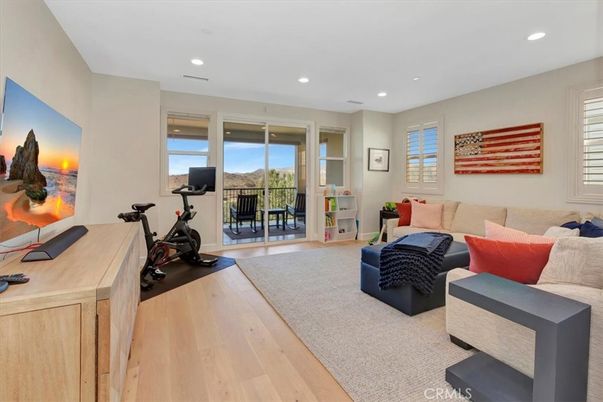 Fitness Equipment, Home Office, Interior, Living room, Recessed Lighting, Wood Texture Flooring