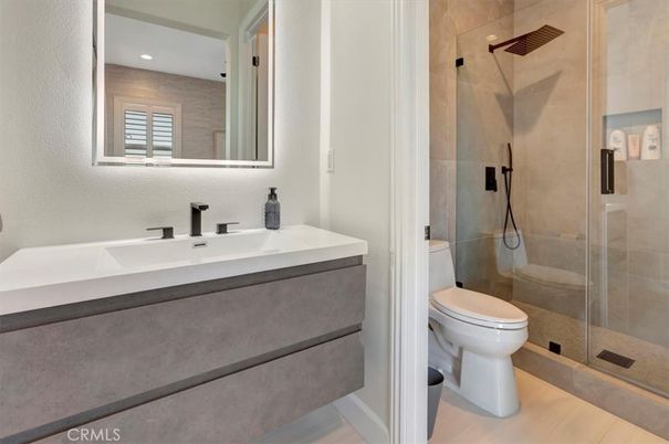 Bathroom, Glass Shower, Interior, Recessed Lighting, Wood Texture Flooring