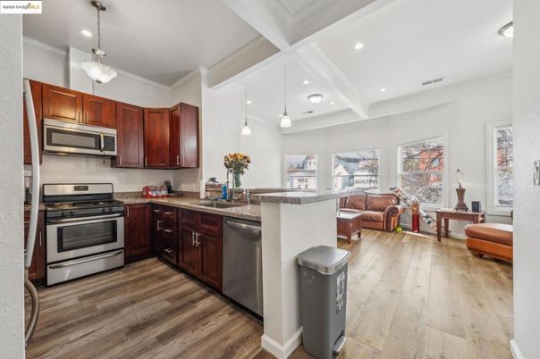 Interior, Kitchen, Living room, Pendant Lights, Recessed Lighting, Stainless Steel Appliances, Wood Texture Flooring