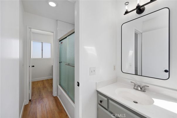 Bathroom, Glass Shower, Interior, Recessed Lighting, Wood Texture Flooring
