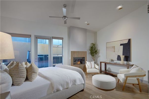 Bedroom, Fireplace, Interior, Recessed Lighting, Wood Texture Flooring