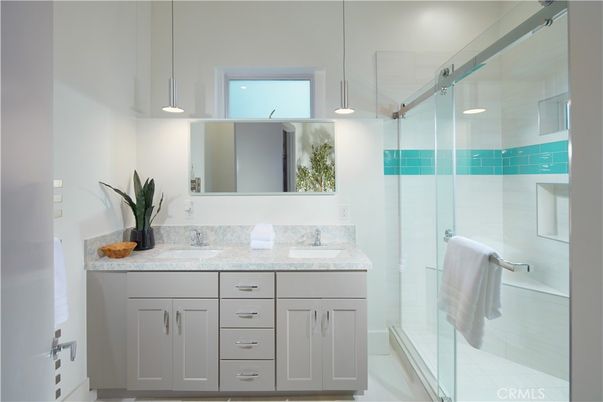 Bathroom, Dual Sink Vanities, Glass Shower, Interior, Pendant Lights