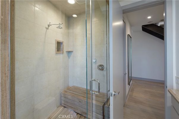 Bathroom, Glass Shower, Interior, Recessed Lighting, Wood Texture Flooring