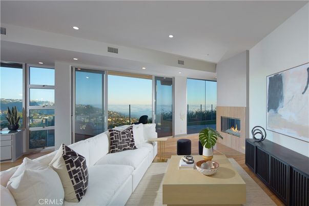 Fireplace, Interior, Living room, Recessed Lighting, Water, Wood Texture Flooring