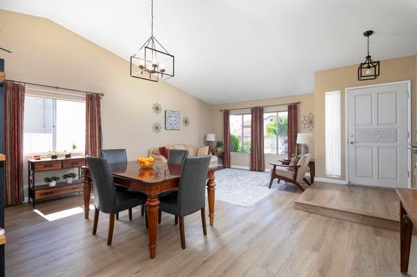 Dining room, Interior, Pendant Lights, Wood Texture Flooring