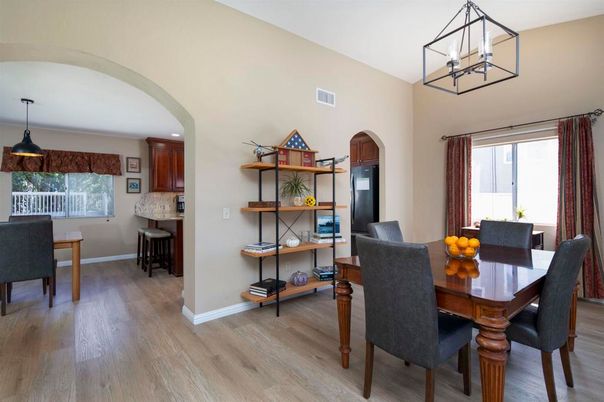 Dining room, Interior, Pendant Lights, Wood Texture Flooring