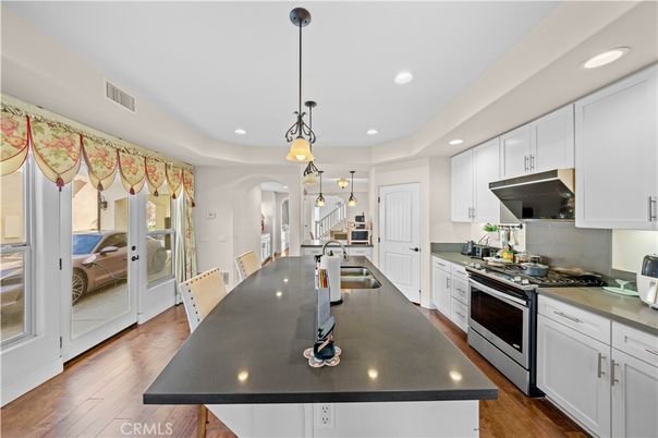 Interior, Kitchen, Pendant Lights, Recessed Lighting, Stainless Steel Appliances, Wood Texture Flooring