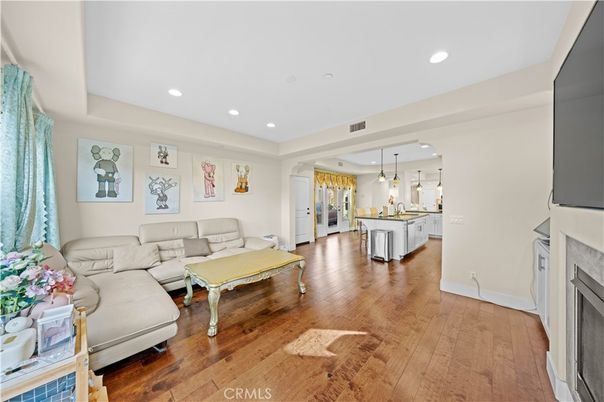 Fireplace, Interior, Kitchen, Living room, Pendant Lights, Recessed Lighting, Wood Texture Flooring
