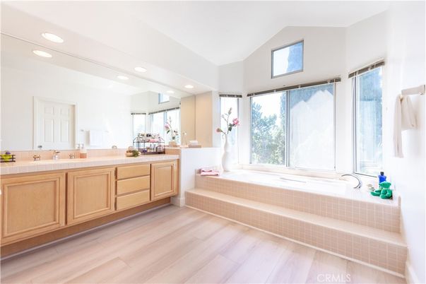 Bathroom, Interior, Recessed Lighting, Tile Countertops, Wood Texture Flooring