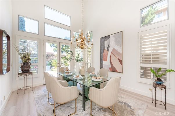 Chandelier, Dining room, Interior, Wood Texture Flooring