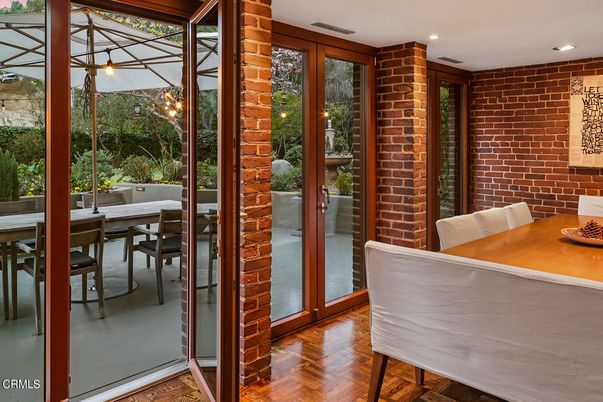 Dining room, Interior, Recessed Lighting, Stone Walls, Wood Texture Flooring
