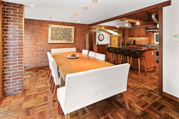 Dining room, Interior, Kitchen, Pendant Lights, Recessed Lighting, Stainless Steel Appliances, Stone Walls, Wood Texture Flooring