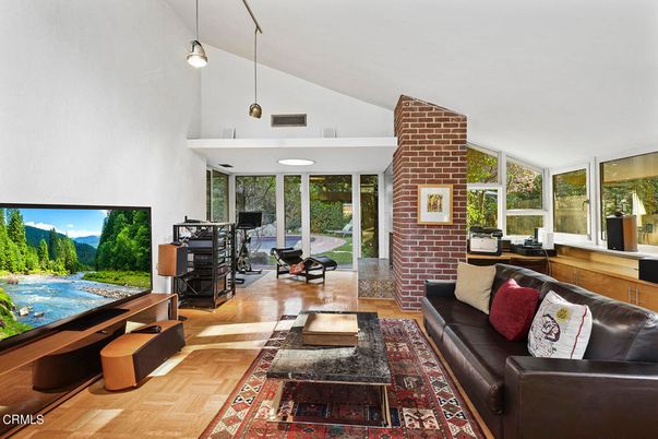 Fireplace, Interior, Living room, Pendant Lights, Stone Walls, Wood Texture Flooring