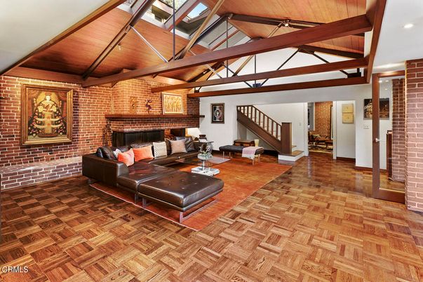Fireplace, Interior, Living room, Recessed Lighting, Stone Walls, Wooden Beams, Wooden Ceilings, Wood Texture Flooring