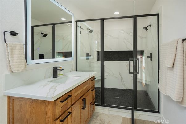 Bathroom, Glass Shower, Interior, Marble Walls, Recessed Lighting