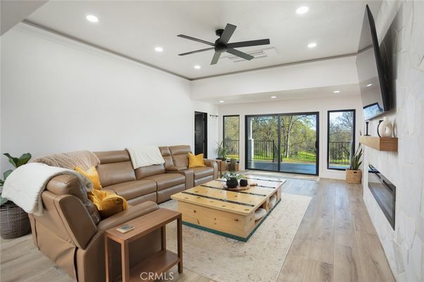 Fireplace, Interior, Living room, Recessed Lighting, Wood Texture Flooring