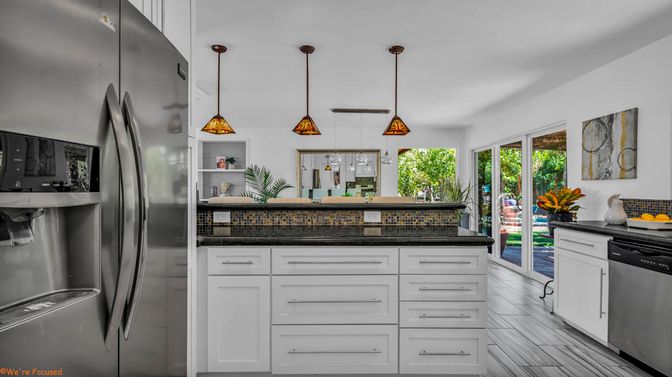 Interior, Kitchen, Pendant Lights, Stainless Steel Appliances, Wood Texture Flooring