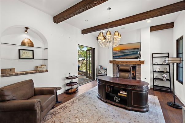 Chandelier, Fireplace, Interior, Recessed Lighting, Wooden Beams, Wood Texture Flooring