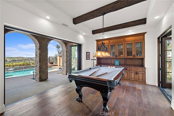 Billiard Table, Game Room, Interior, Pendant Lights, Recessed Lighting, Wooden Beams, Wood Texture Flooring