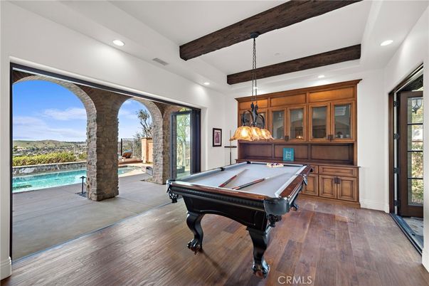 Billiard Table, Game Room, Interior, Pendant Lights, Recessed Lighting, Wooden Beams, Wood Texture Flooring