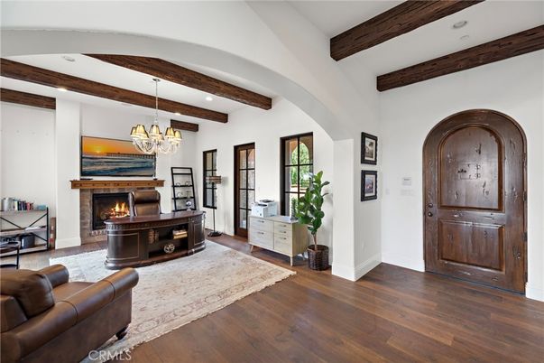 Chandelier, Fireplace, Interior, Living room, Recessed Lighting, Wooden Beams, Wood Texture Flooring